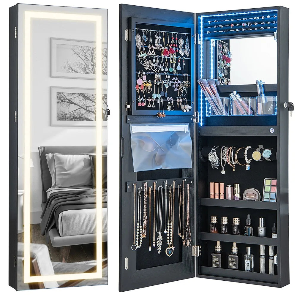 LED Mirror Jewelry Cabinet Wall/Door Mounted Organizer Armoire Black