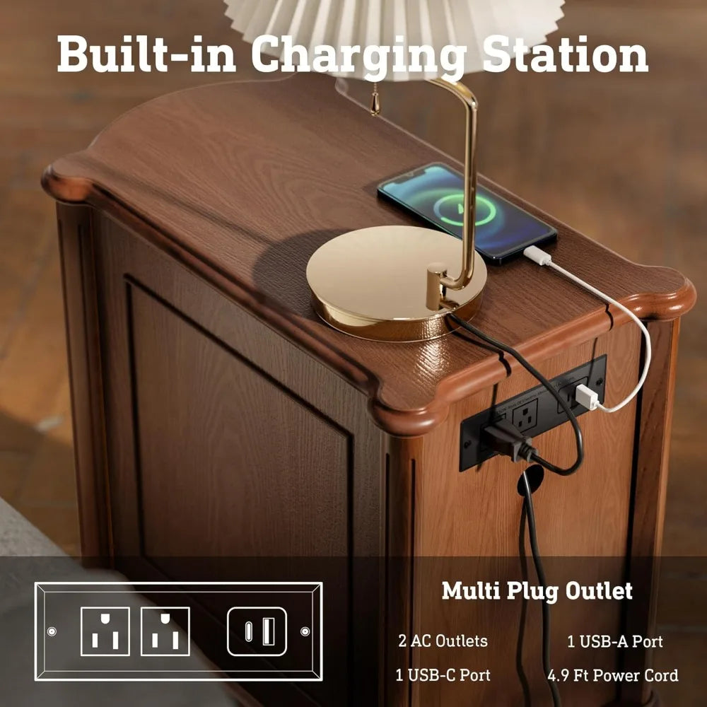 Vintage 3-Drawer Nightstand with Charging Station and Antique-Style Hardware, Pre-Assembled Rustic Wood Finish