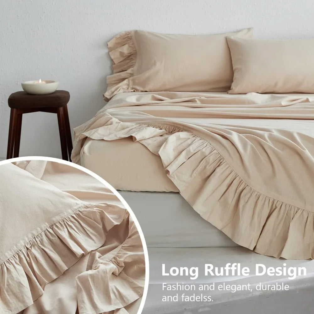 Belgian Linen Sheet Set with Long Ruffles 4pcs (1 Flat Sheet, 1 Fitted Sheet & 2 Pillowcases) Solid Shabby Vintage Chic Country