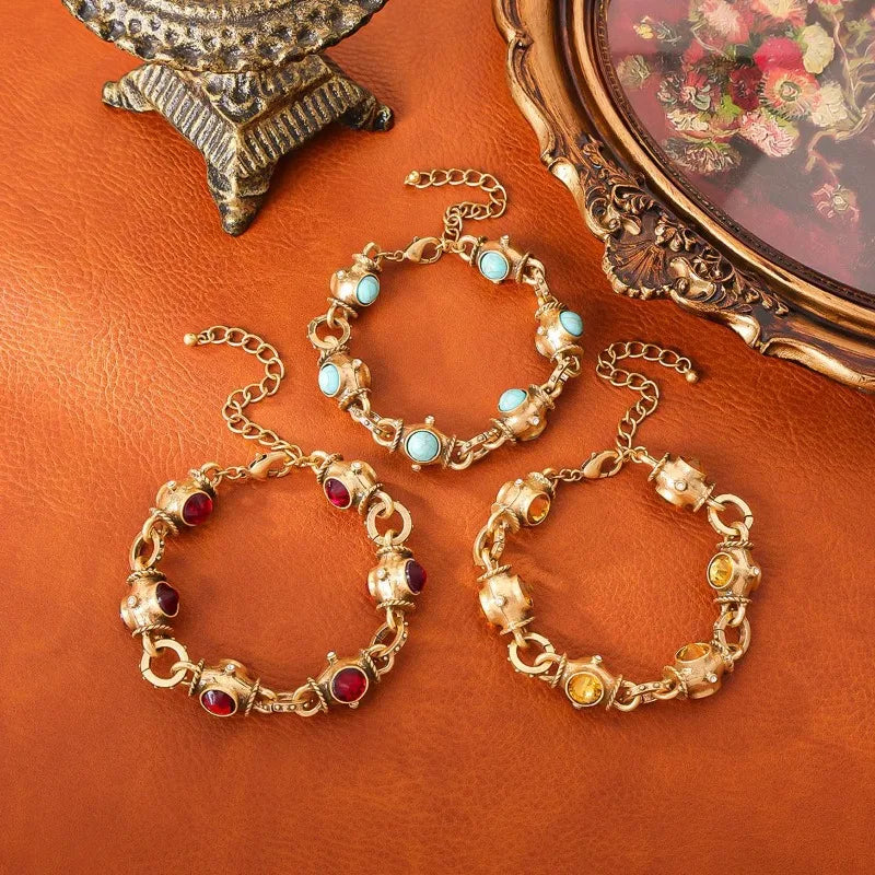 Medieval Vintage Turquoise Bracelet Retro Court Style Heavy Industry Jewelry Colored Geometric Glazed French Bracelet