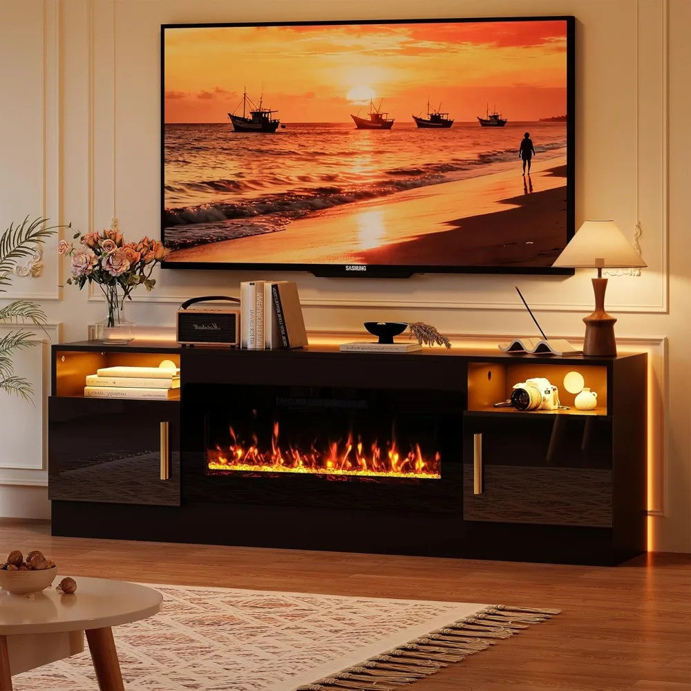 Fireplace TV Stand with 36’’ Electric Fireplace, 70'' TV Media Entertainment Center with Fireplace Up to 80 inch,Modern LED