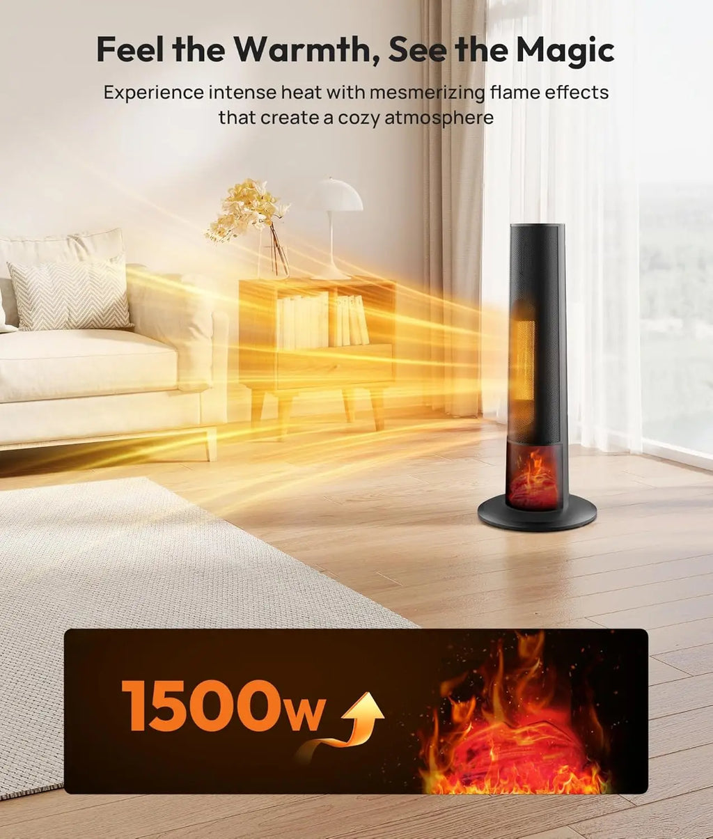 Electric Tower Heater with 3D Flame, Portable Space Heater for Bedroom, Office – 2 Modes, Thermostat, Tip-over Protection, Oscil