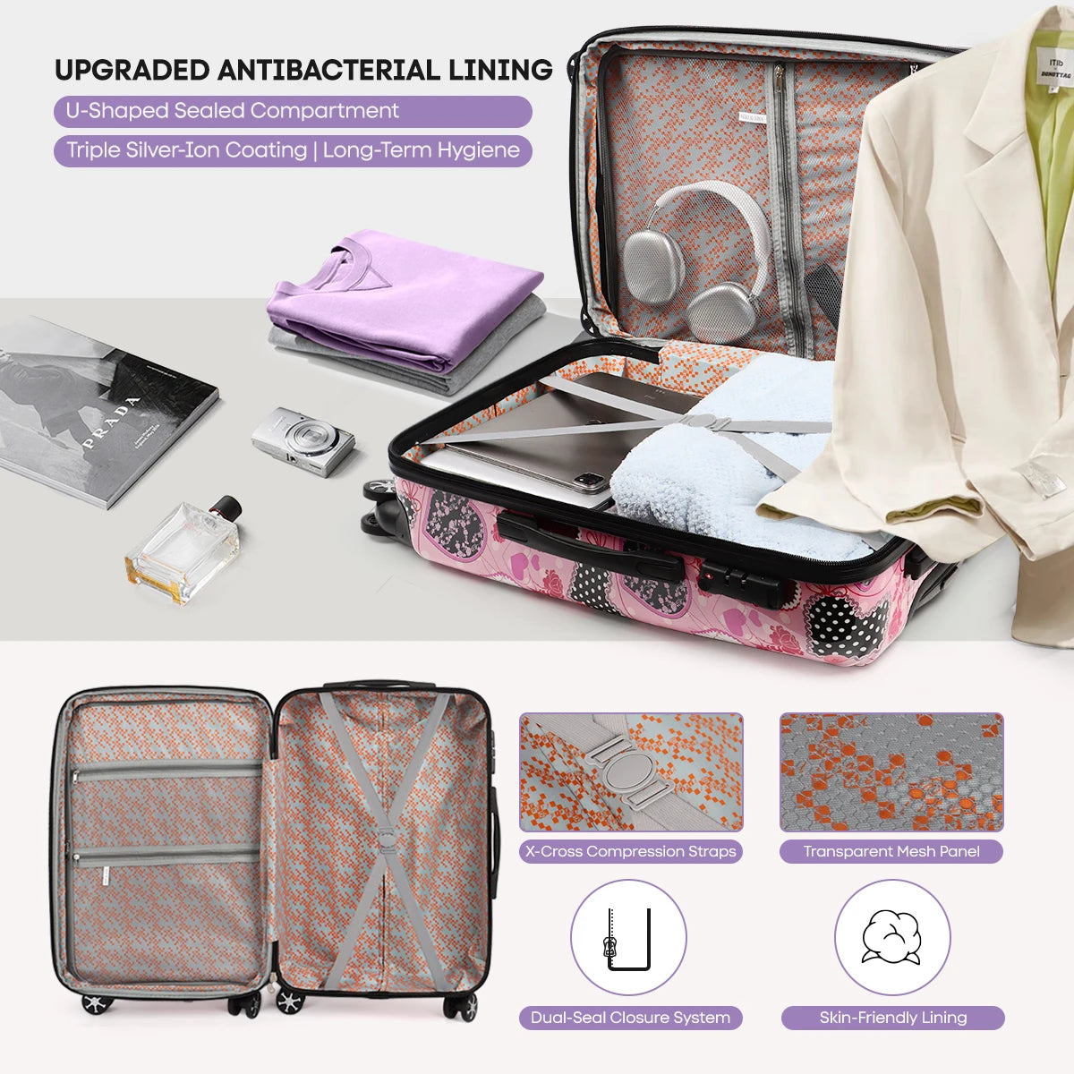 3 Piece Luggage Set Hardshell Expandable Suitcase with Spinner Wheels &TSA Lock Print Lightweight Travel Suitcase Set-20"/24"/28