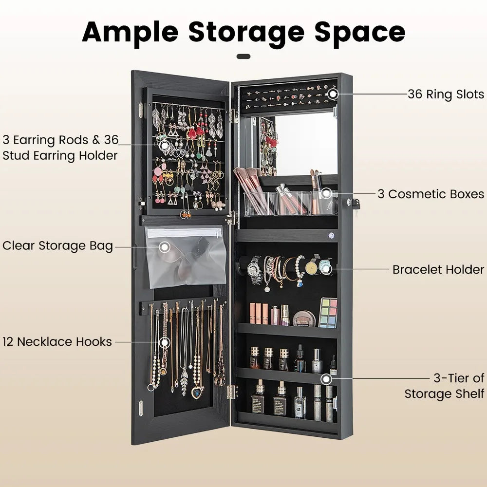 LED Mirror Jewelry Cabinet Wall/Door Mounted Organizer Armoire Black