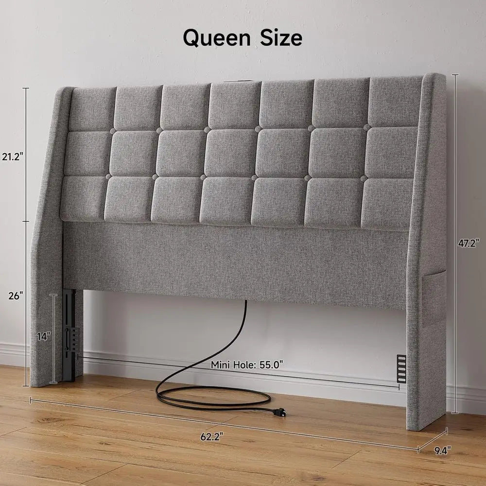 Upholstered Headboard Queen Size w/Charging Station, Linen Wingback Headboards w/Storage Pocket, Queen Headboard Only, Bed Frame