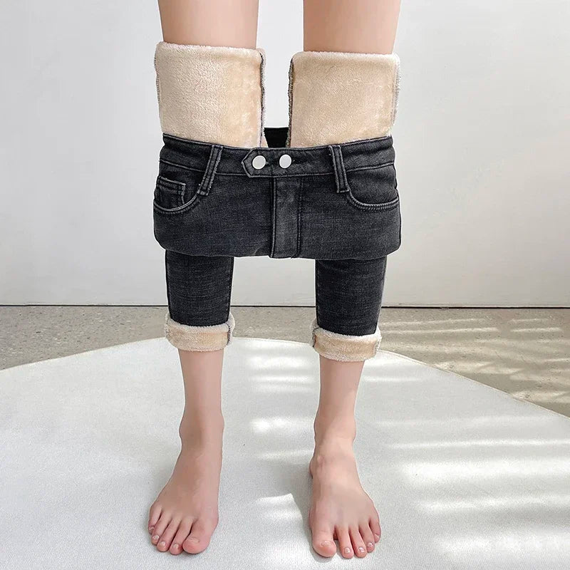 Women's Winter Fleece Jeans Skinny Stretch Thickened Warm velvet Ankle Length Pants Retro Fashion Blue Black Gray Leggings