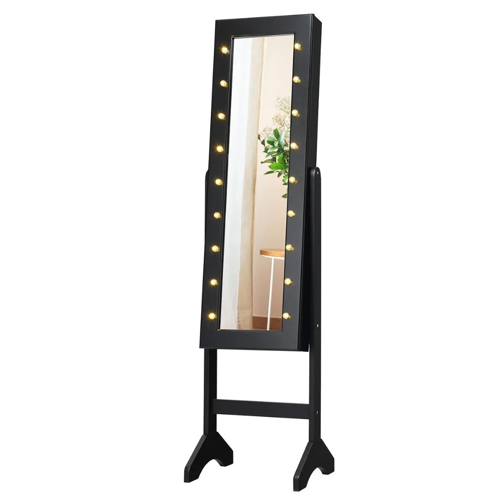 Full Length Mirror Jewelry Organizer Vanity Box w/ 18 LED Lights Black