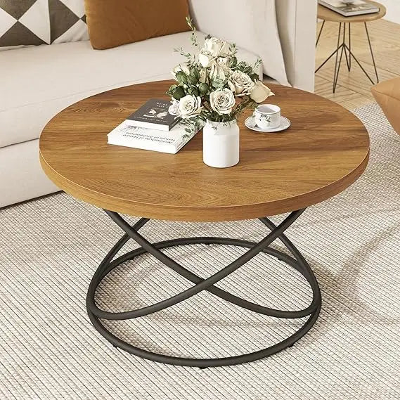 Mid Century Modern Style Round Coffee Table, 31.5 Wood Center with Metal Legs, Updated Furniture for Living Spaces
