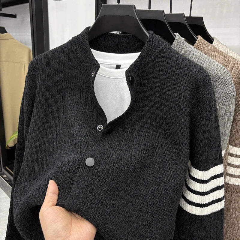 Men's Autumn Fashion Travel Outdoor Button Cardigan Baseball Collar Knitted Sweater Solid Color Versatile Casual Sweater Instock