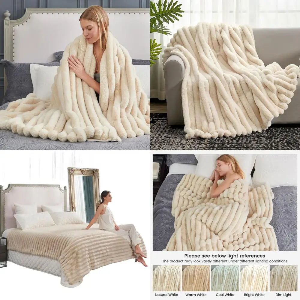 Cozy Plush Striped Faux Fur Throw Blanket, 108x90 Inches, Beige for Sofa, Couch, Bedroom, Living Room