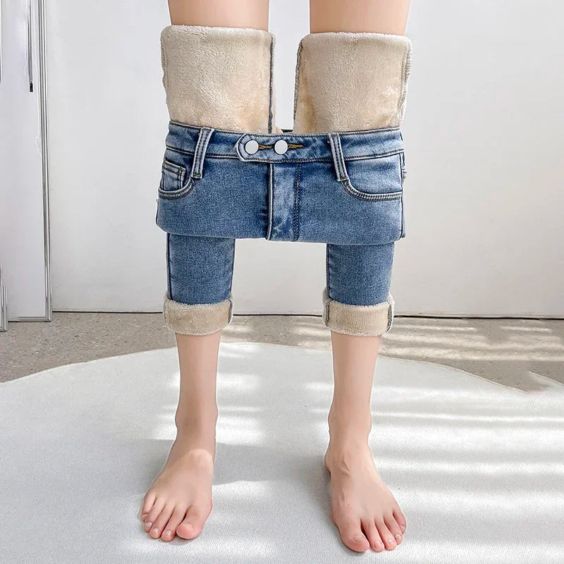 Women's Winter Fleece Jeans Skinny Stretch Thickened Warm velvet Ankle Length Pants Retro Fashion Blue Black Gray Leggings
