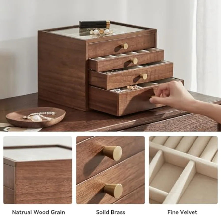 Black Walnut Wooden Jewelry Box for Women large 4 Layer Drawer Organizer Box with Glass Lid for Necklaces Watch Necklace Ring E