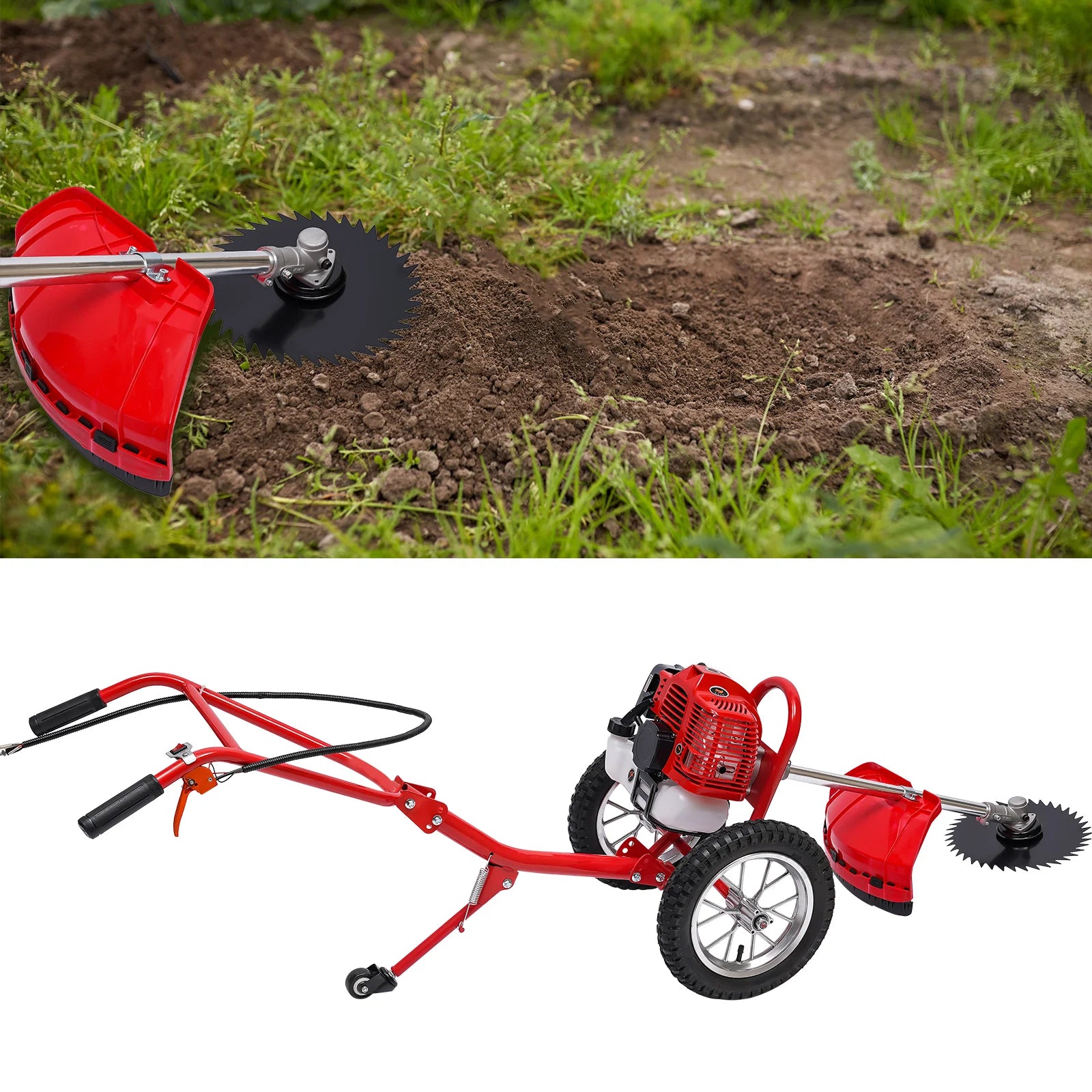 2-Stroke 49CC Gas Mower Grass Trimmer Brush Cutter Hand Push Weeding Machine Manual Weeding Machine+loosening Soil+mowing Grass