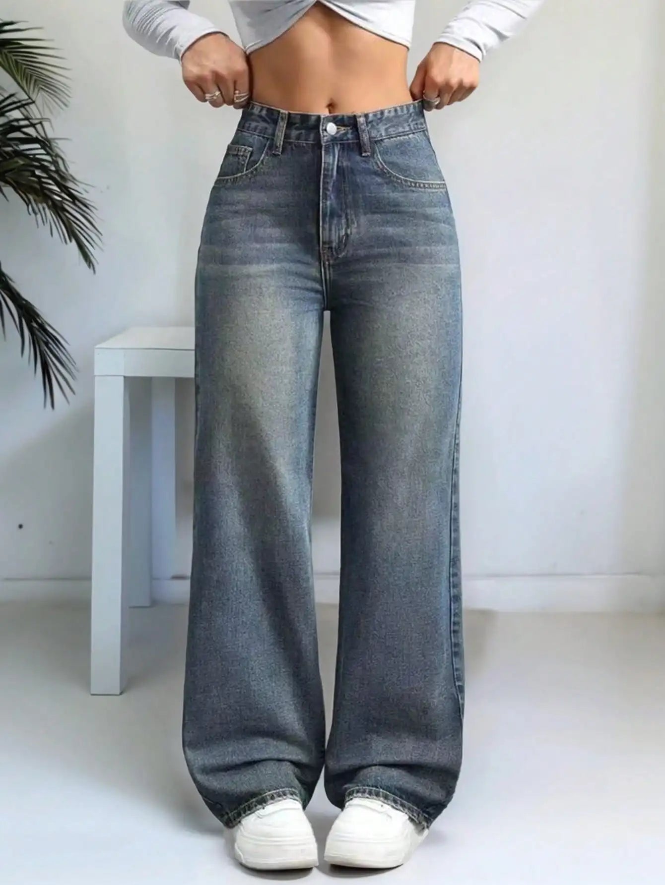 Women's High Waist Wide Leg Jeans, Light Wash Casual Denim Pants with Pockets