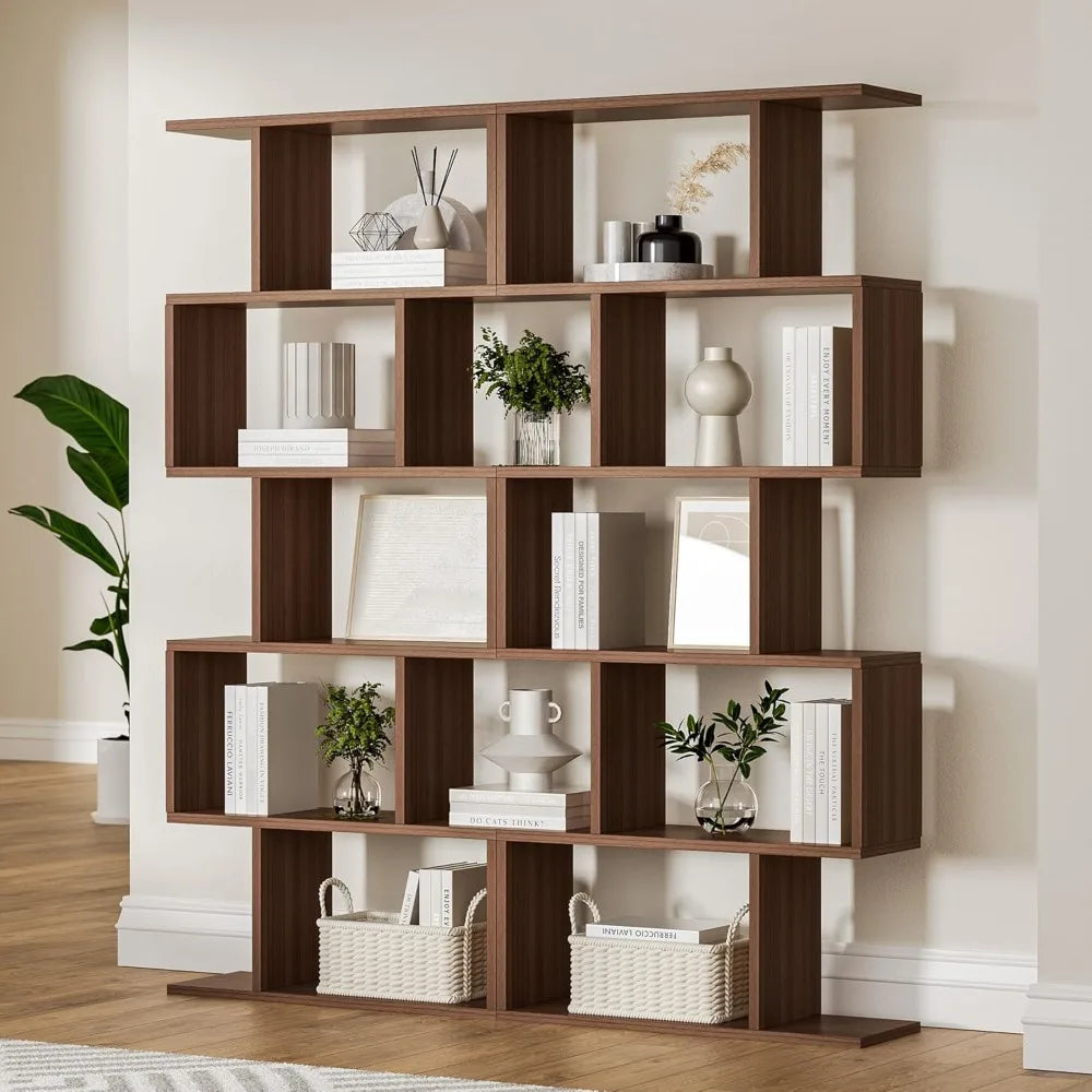 5-Tier Geometric Bookcase, S-Shaped Modern Bookshelf Set of 2, 62.6 Tall Room Divider Book Shelf, Decorative Display Shelf