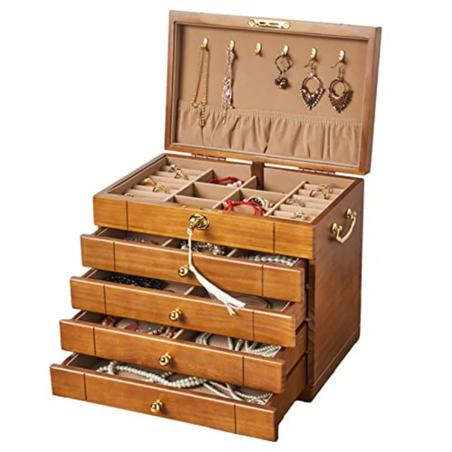Wooden Jewelry Box for Women Organizer Box of Solild Wood with Combo Lock for Jewelries Watches Necklace Ring Storage Box Light