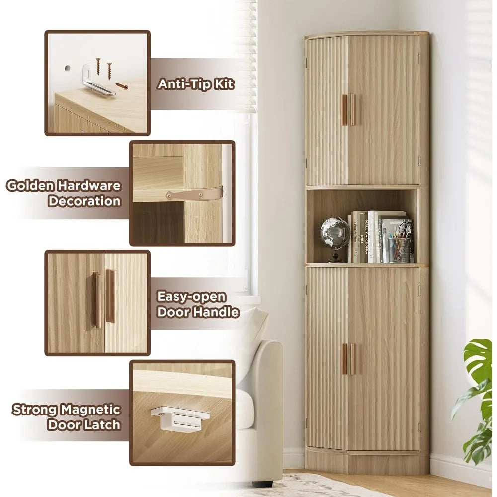 Maupvit 68 Tall Corner Storage Cabinet with 4 Doors and 5 Shelves, Modern Fluted Storage Cabinets, Corner Pantry Hutch Cupboard