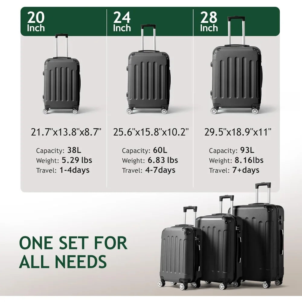 3-Piece Luggage Set Travel Lightweight Suitcases with Rolling Wheels, TSA lock & Moulded Corner, Carry on Luggages for Business