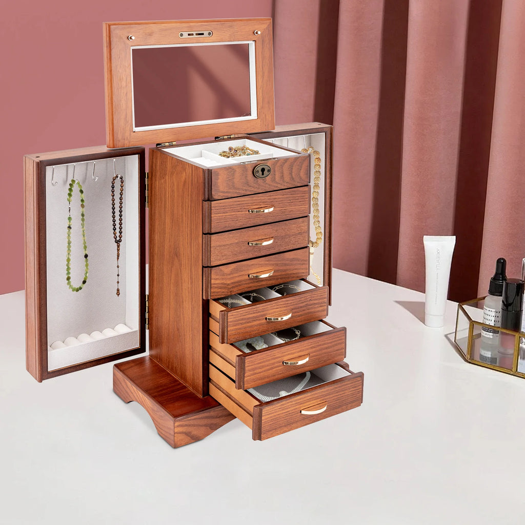 Retro Walnut Jewelry Box 7 Layers MDF Flocking Cloth Lining Rectangular Key Lock Free standing Grinding Painted