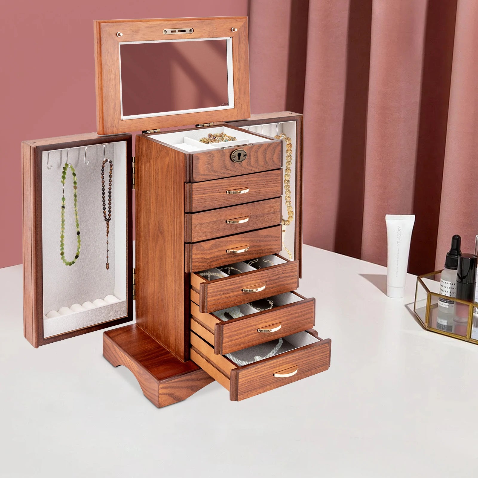 Retro Walnut Jewelry Box 7 Layers MDF Flocking Cloth Lining Rectangular Key Lock Free standing Grinding Painted