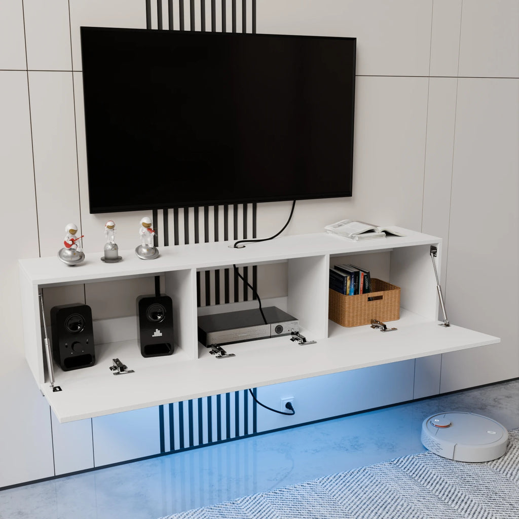 Floating TV Stand with Led Light for TVs up to 63", Modern High Gloss Entertainment Center White Wall Mounted TV Media Cabinets