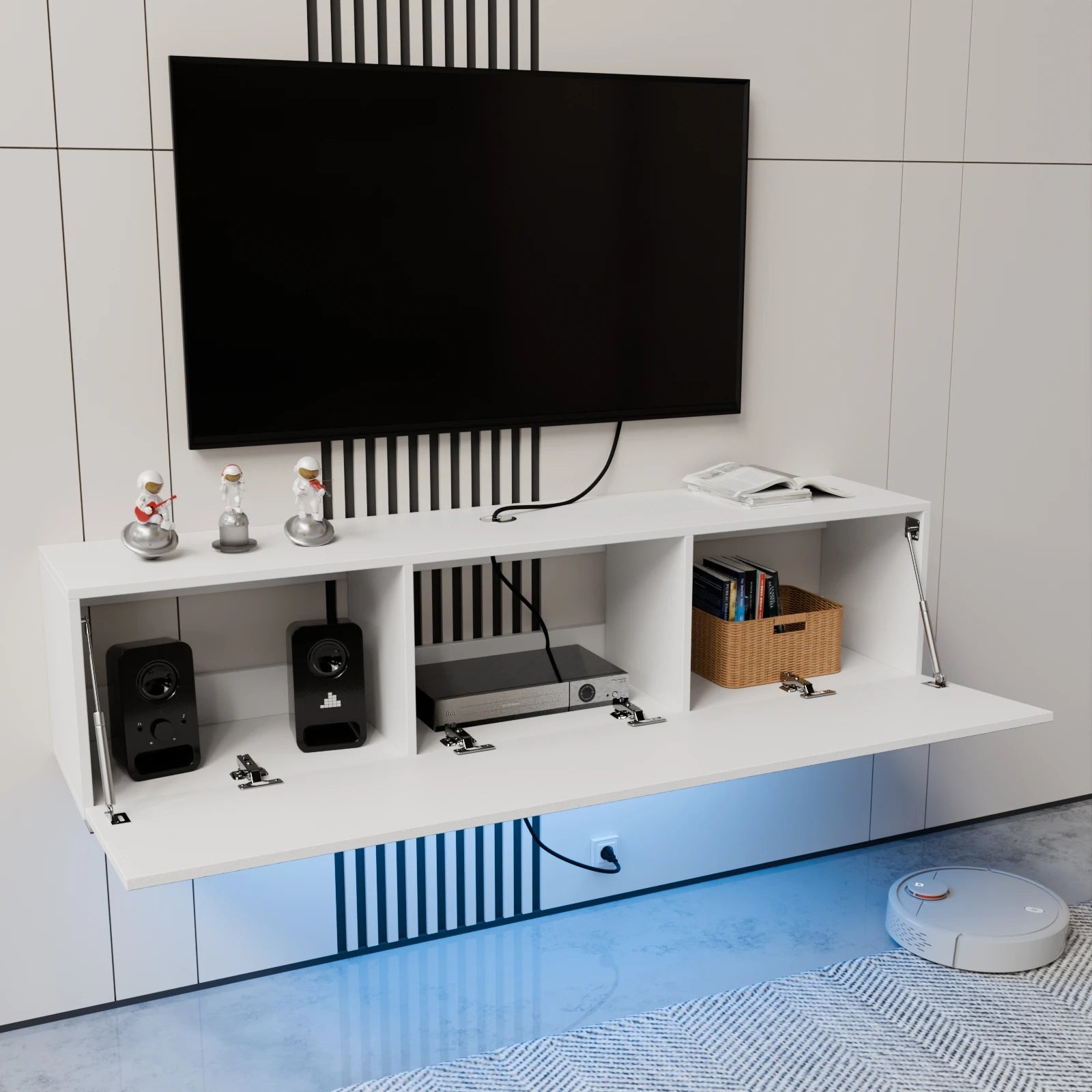 Floating TV Stand with Led Light for TVs up to 63", Modern High Gloss Entertainment Center White Wall Mounted TV Media Cabinets