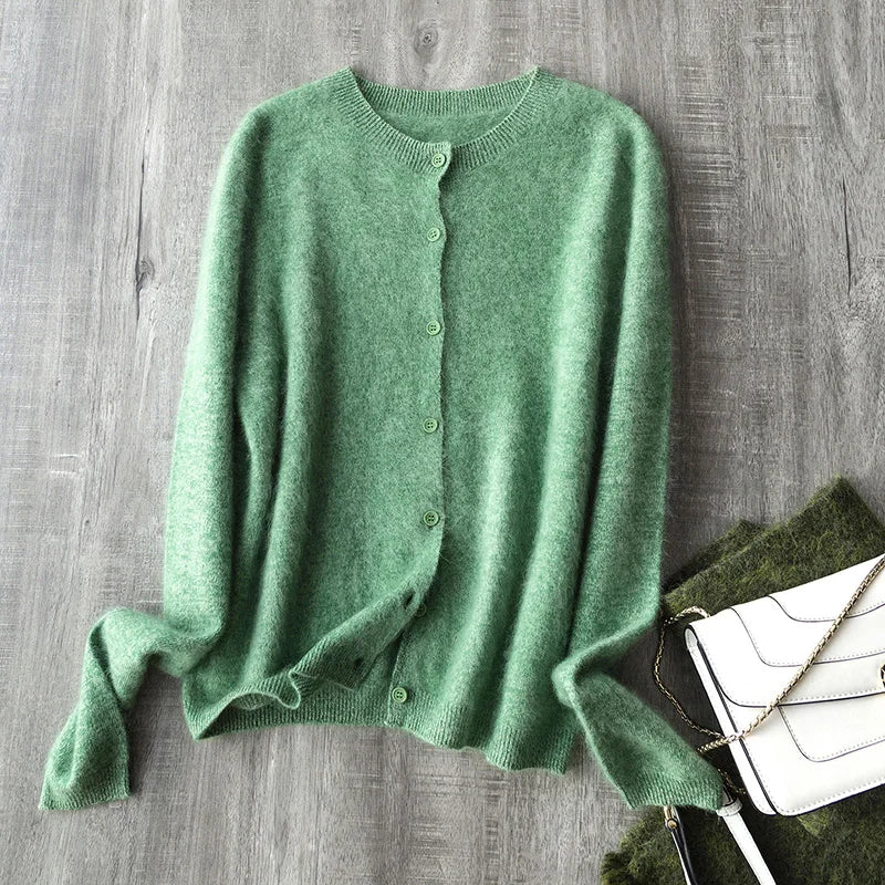 Women Fleece Wool Cashmere Sweater Cardigan Autumn Winter Round Neck Seamless Single Breasted Soft Knitwear