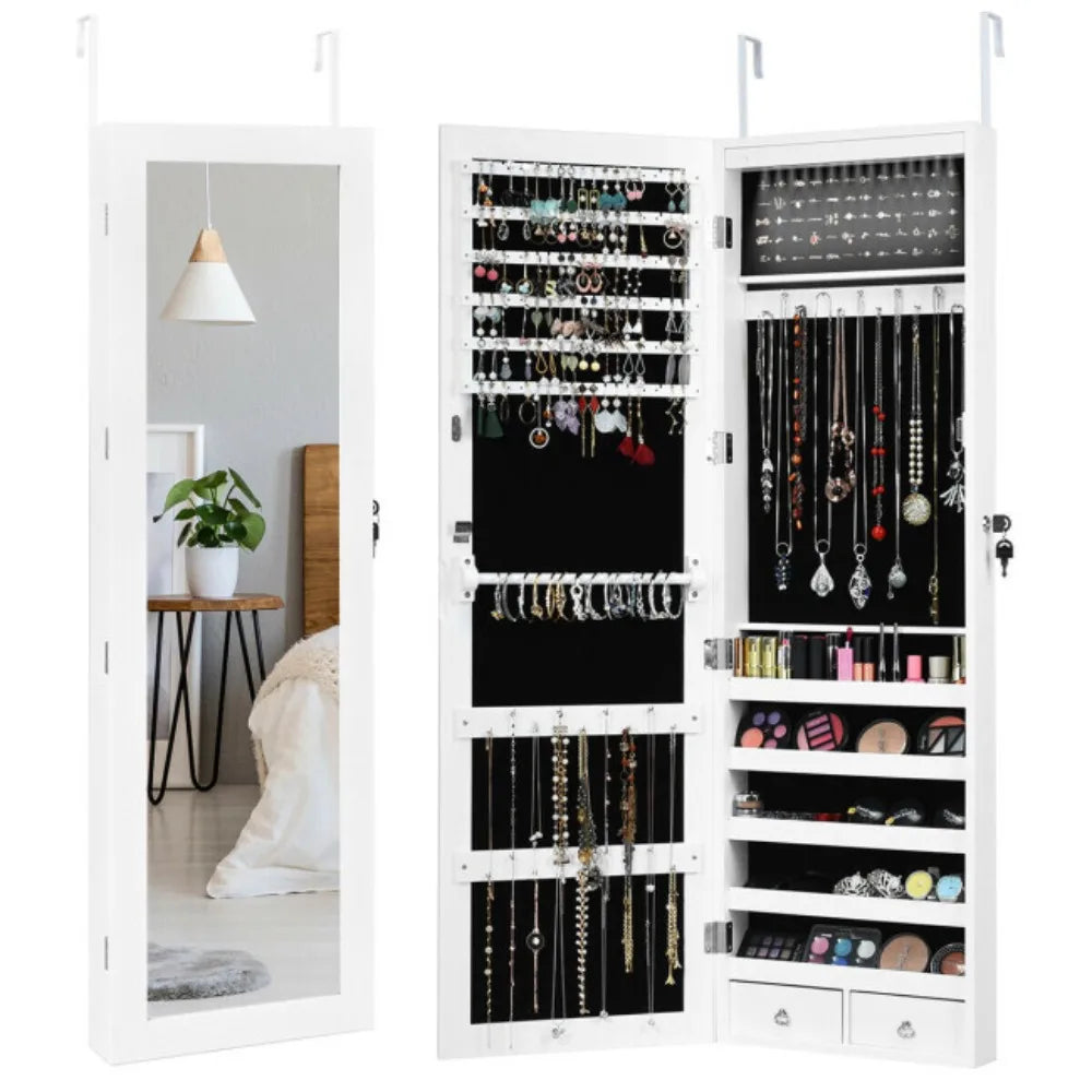 Wall Door Mounted Mirror Jewelry Cabinet Lockable Armoire Organizer W/ LED Light