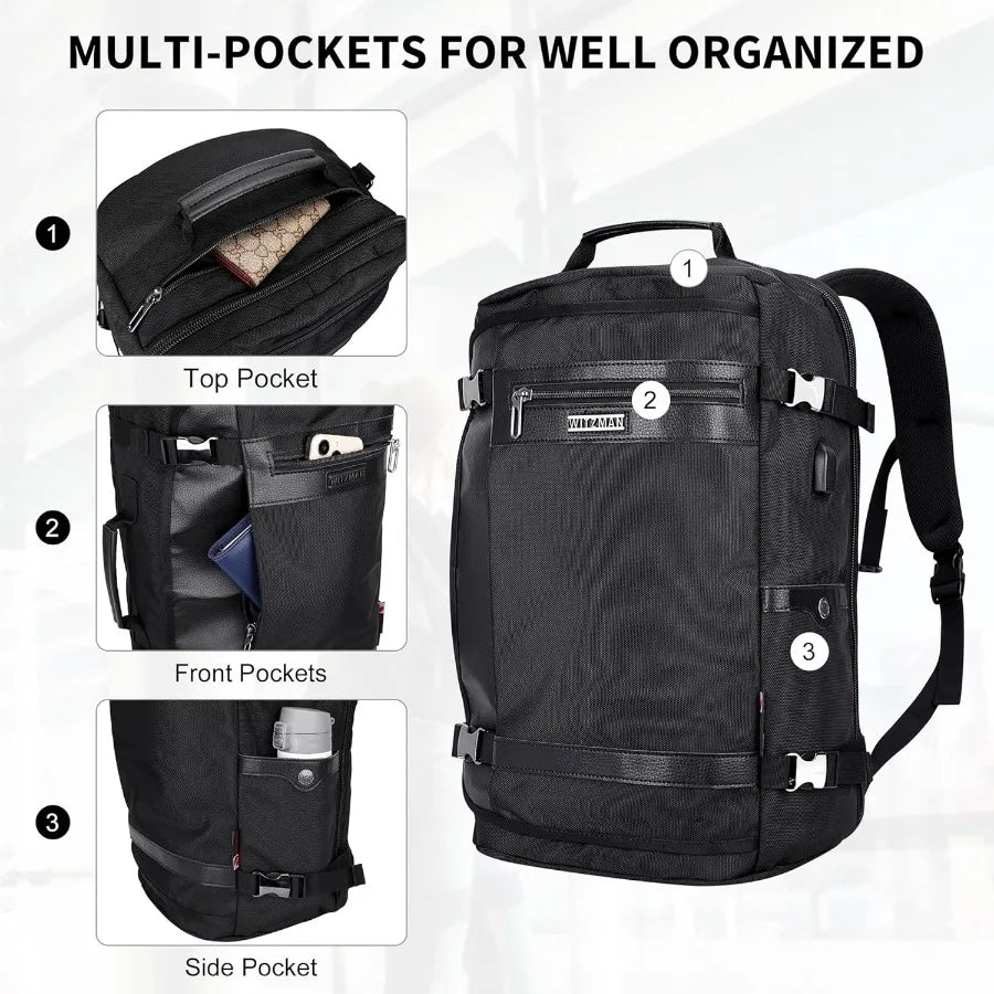 WITZMAN Travel Backpack for Men Women Laptop Backpack with USB Charging Port Carry-on Luggage Flight Approved B686 Black