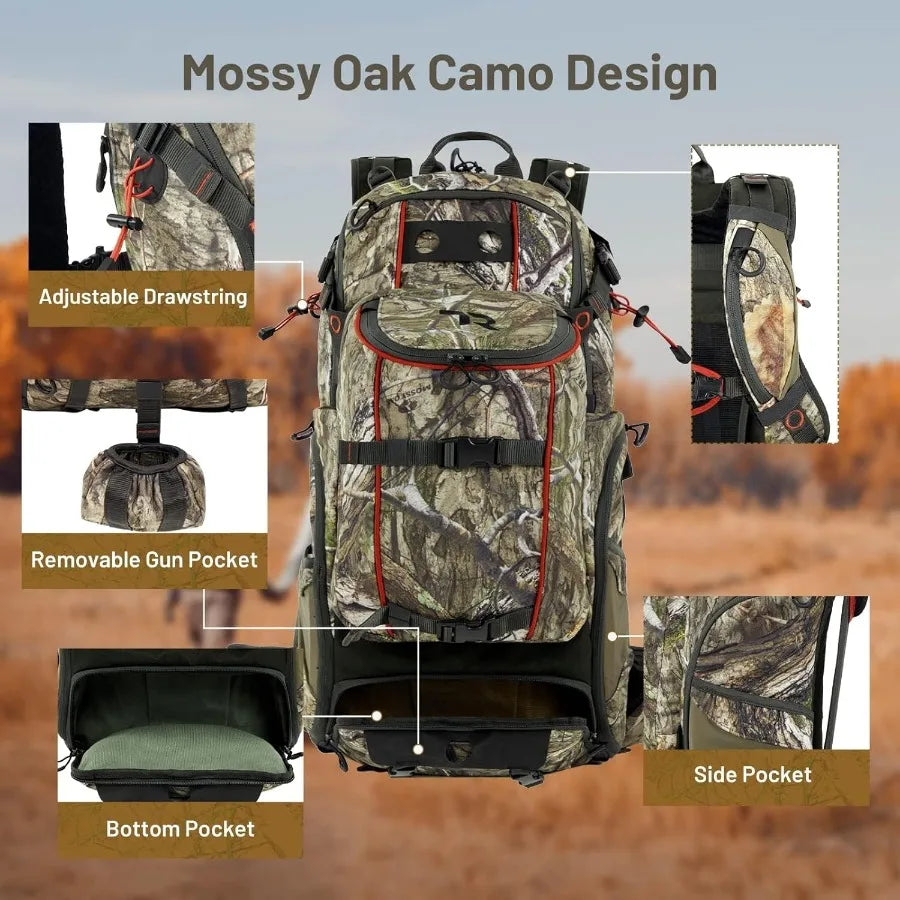 TR Hunting Backpack 3400cuWaterproof Hunting Pack with Rifle Holder Internal Frame Rain Cover Camo Hunting Daypack for Rifle Bo