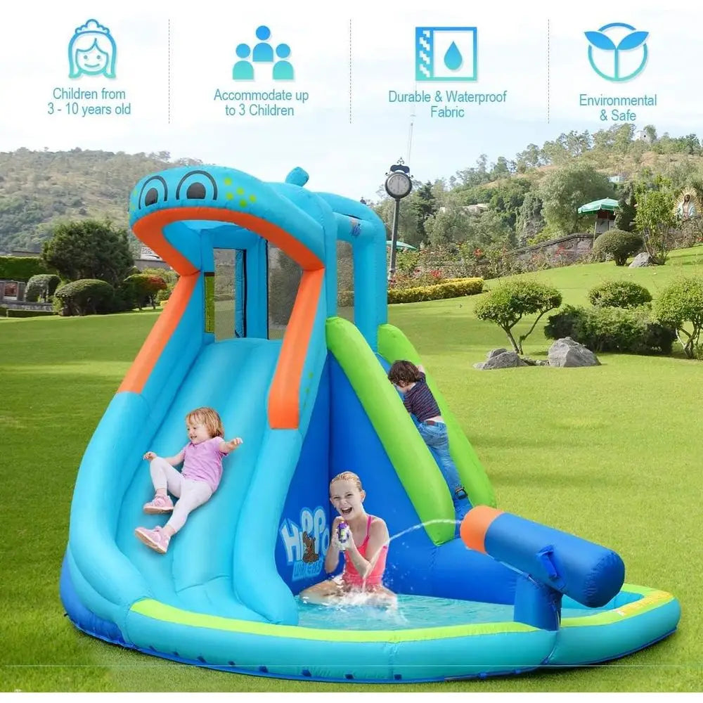 Hippo-Themed Inflatable Water Slide for Kids & Adults: Backyard Water Park with Climbing and Bounce House (No Blower Included)