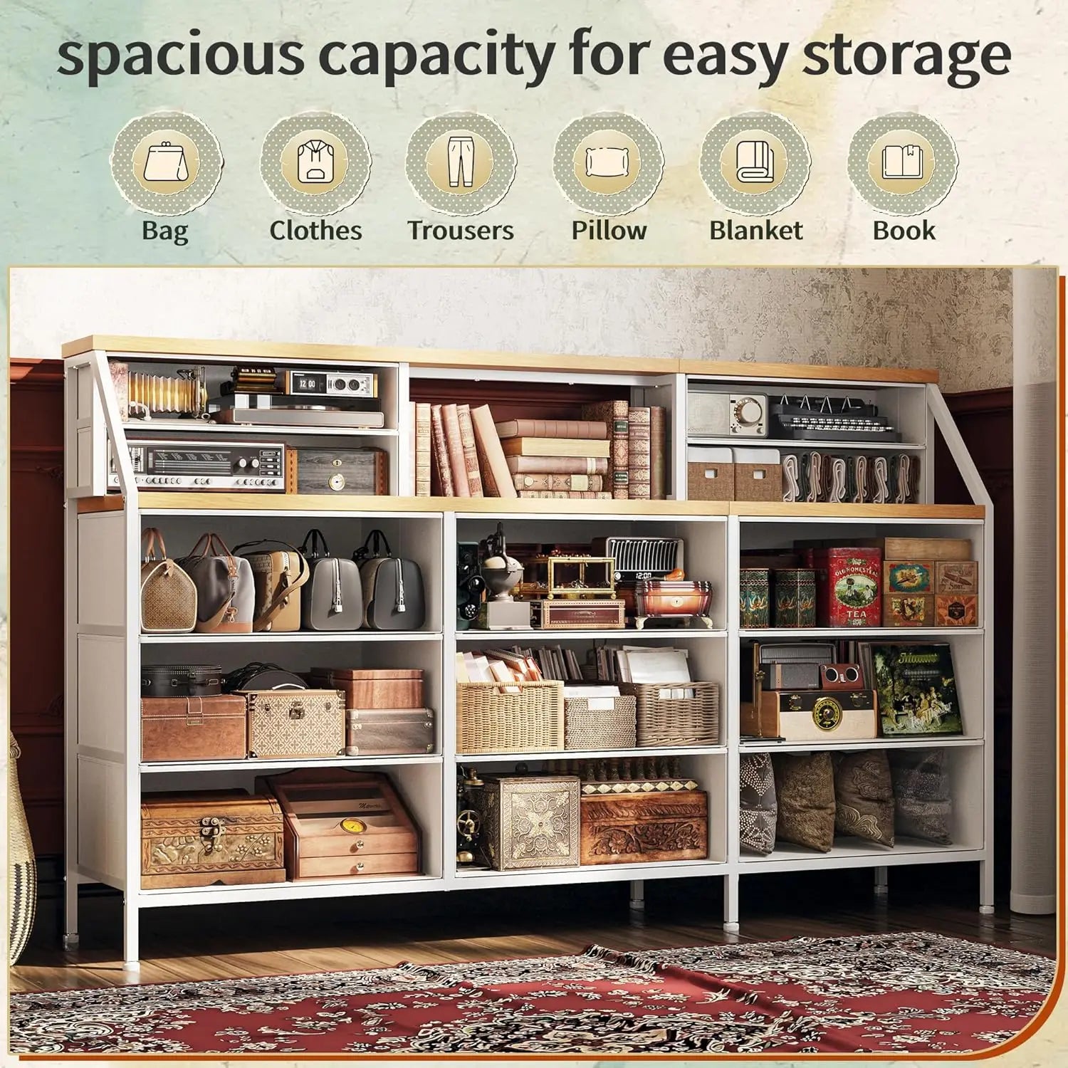 55" W White Dresser for Bedroom, Dressers & Chests of Drawers with 13 Fabric Drawers and 2 Open Shelves, White Dresser