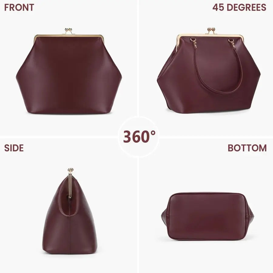 Womens Kiss Lock Bag PU Medium Top Handle Handbags Kiss Clasp Shoulder Bags Tote Purse Messenger Clutch