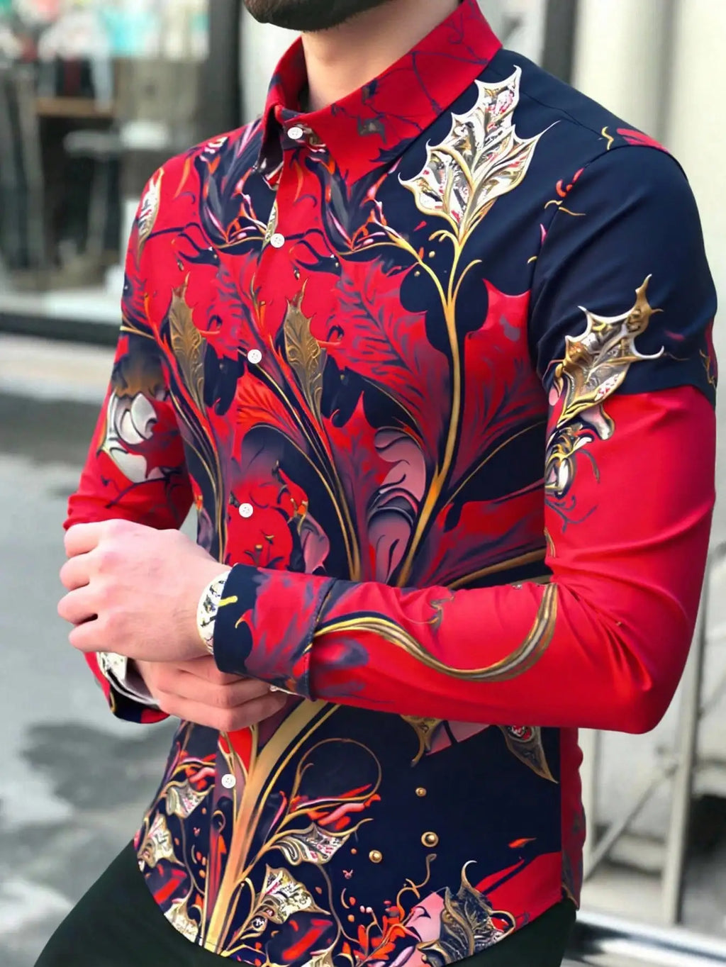 Men's Long Sleeve Shirt with Blue Gold Floral Baroque Print, Casual Luxury Fit for Spring Fall