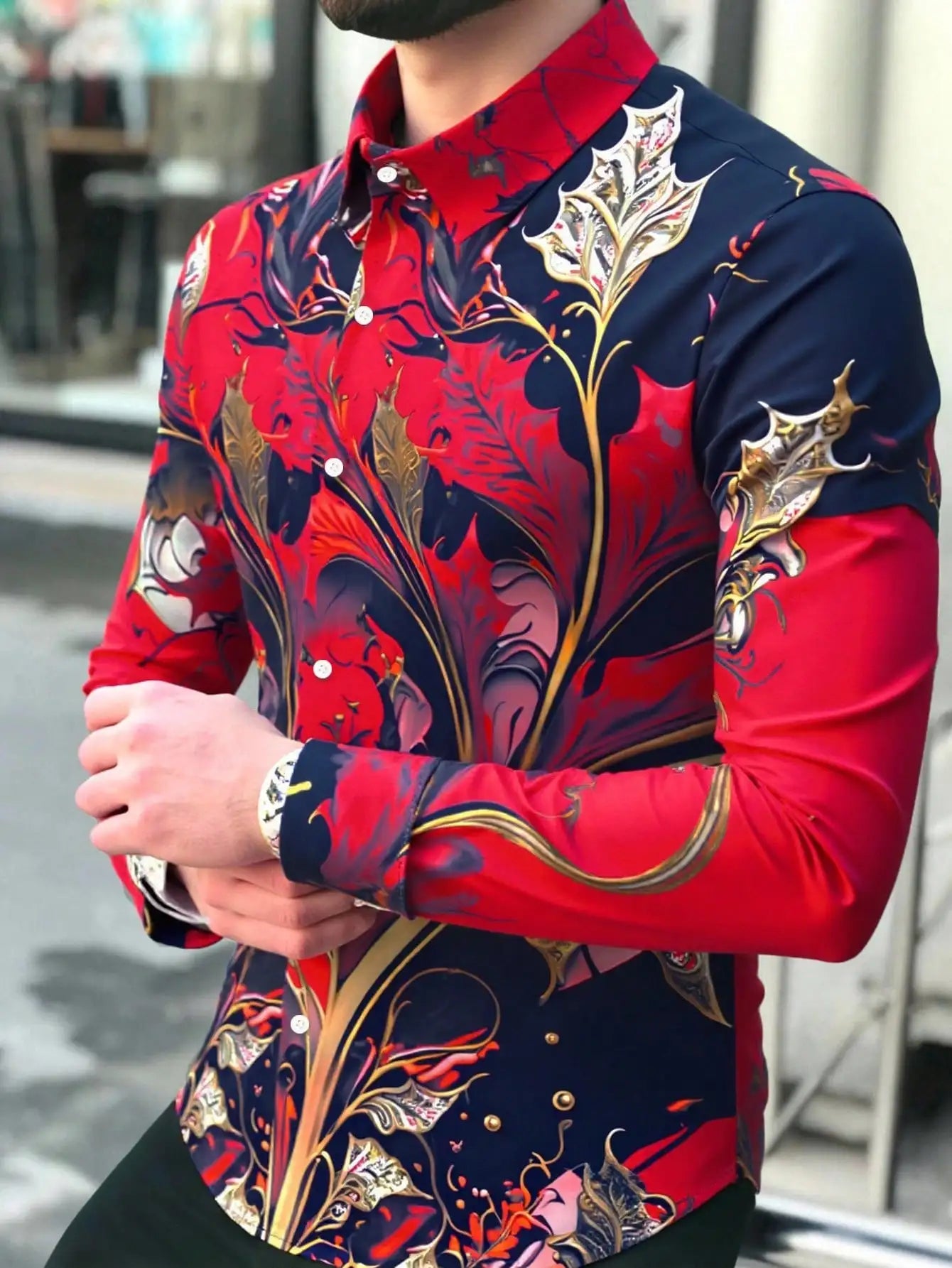 Men's Long Sleeve Shirt with Blue Gold Floral Baroque Print, Casual Luxury Fit for Spring Fall