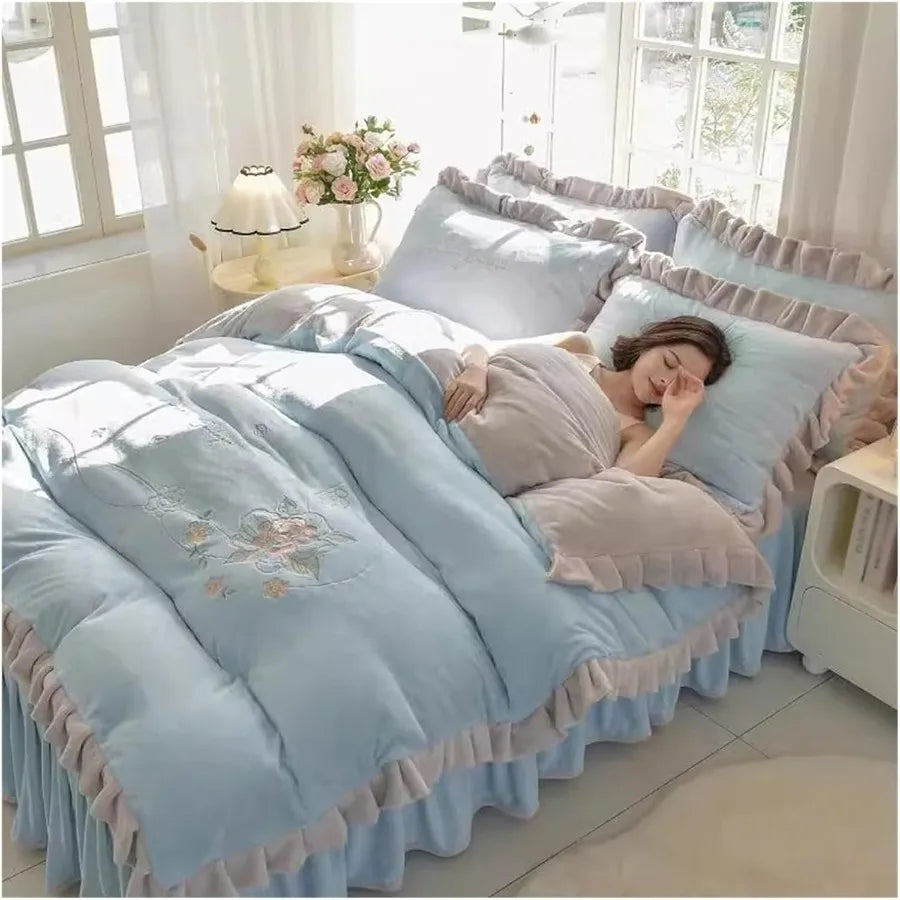 Cozy Warm Dark Grey Winter Duvet Cover Set with Comforter Fitted Sheet Pillow Shams for 1.5M Bed Anti-Static Super Soft 4-Piece