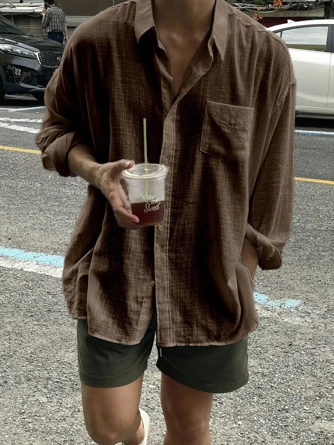 Men's Brown Linen Blend Loose Fit Long Sleeve Casual Shirt with Chest Pocket