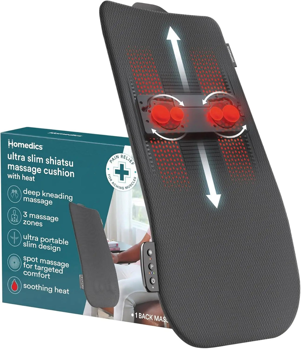 Ultra Slim Shiatsu Massage Cushion with Heat – Full Back Coverage, Deep Kneading, 3 Zone Control, Portable Design