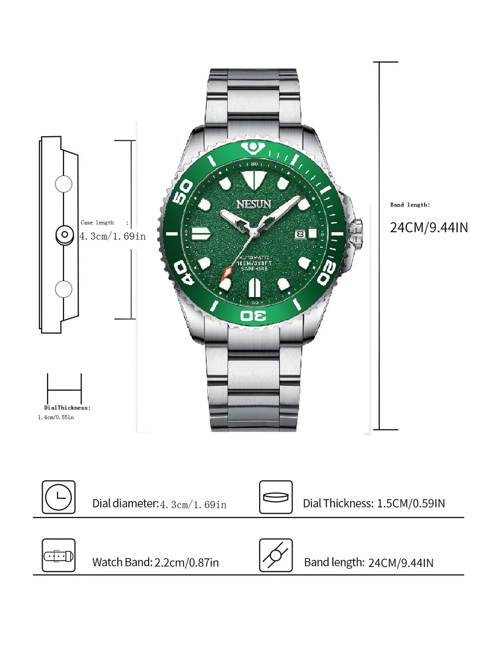 Nesun Men's mechanical watch, stainless steel automatic mechanical watch, waterproof luminous watch, men's business style wrist