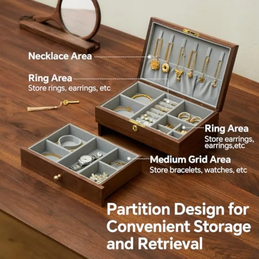 Jewelry Box Organizer for Women and Men Wooden Jewelry Box with Velvet Lining Black Walnut Double Layer Earring Ring Necklace O