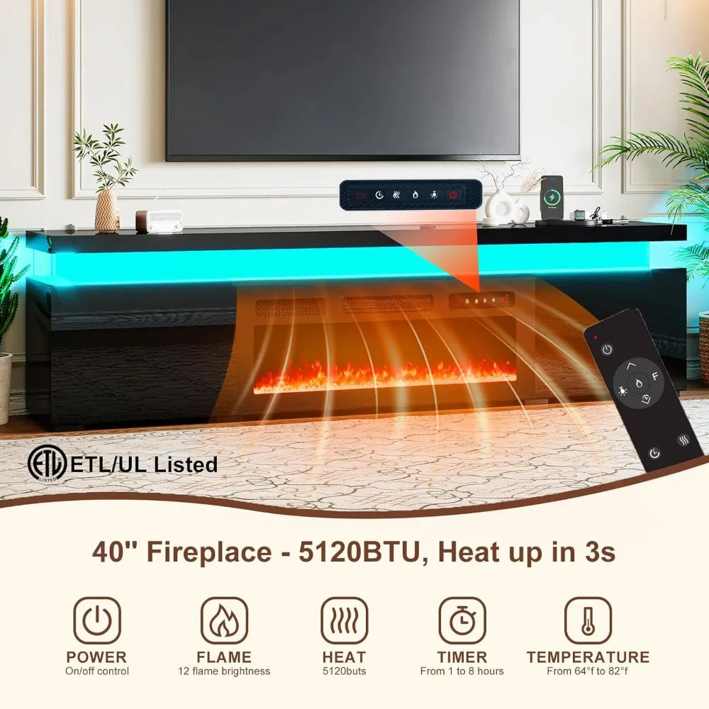 85’’ Fireplace TV Stand for 90 Inch TVs, Modern Entertainment Centers with LED Lights, High Gloss TV Console with 40’’ Electric