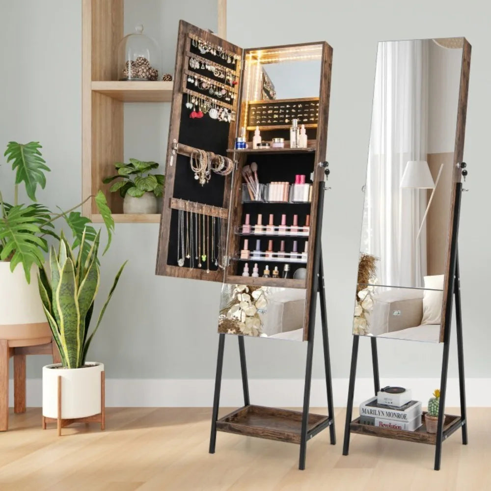 Lockable Jewelry Organizer Cabinet Armoire Freestanding With Full-Length Mirror