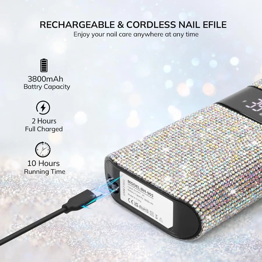 Professional Rechargeable Nail Drill Machine with Diamond 35000RPM Coreless Motor for Acrylic Nails Portable Cordless Electric