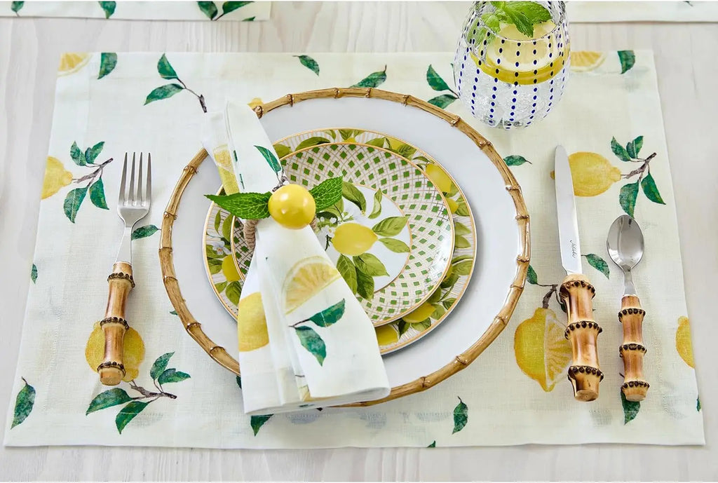 Lemon Print Linen Placemats Set of 4, 14x19 Inch, Botanical Design for Spring Easter Table Decor