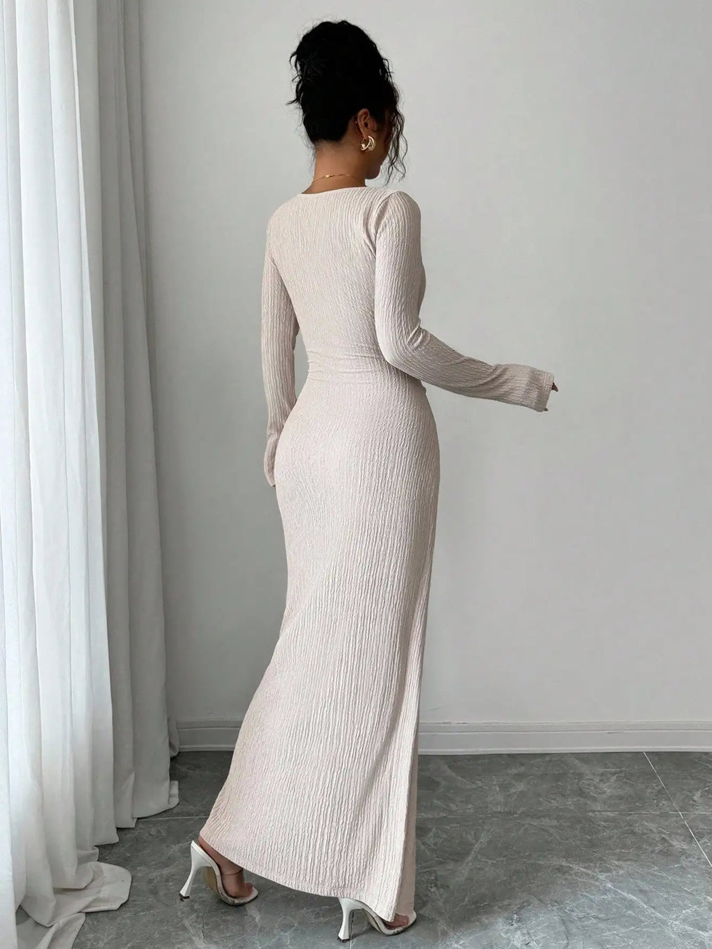 Women's Solid Color Fashion Solid Color Twisted Long Dress ,Asymmetrical -Neck Knitted Texture Tight Bodycon,