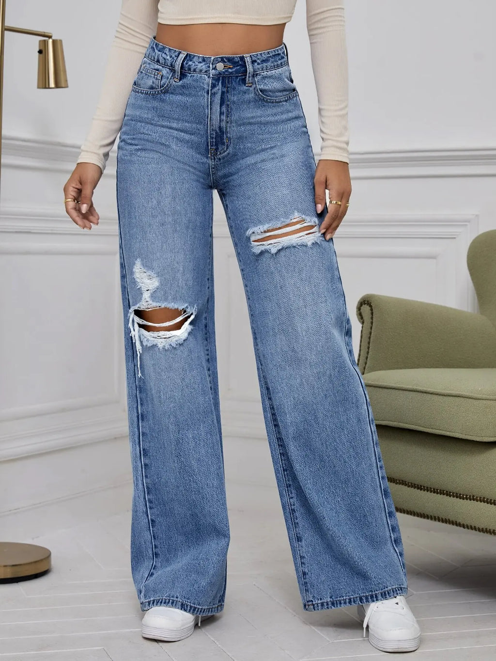 High Waist Ripped Wide Leg Jeans for Women, Distressed Denim Pants with Loose Fit