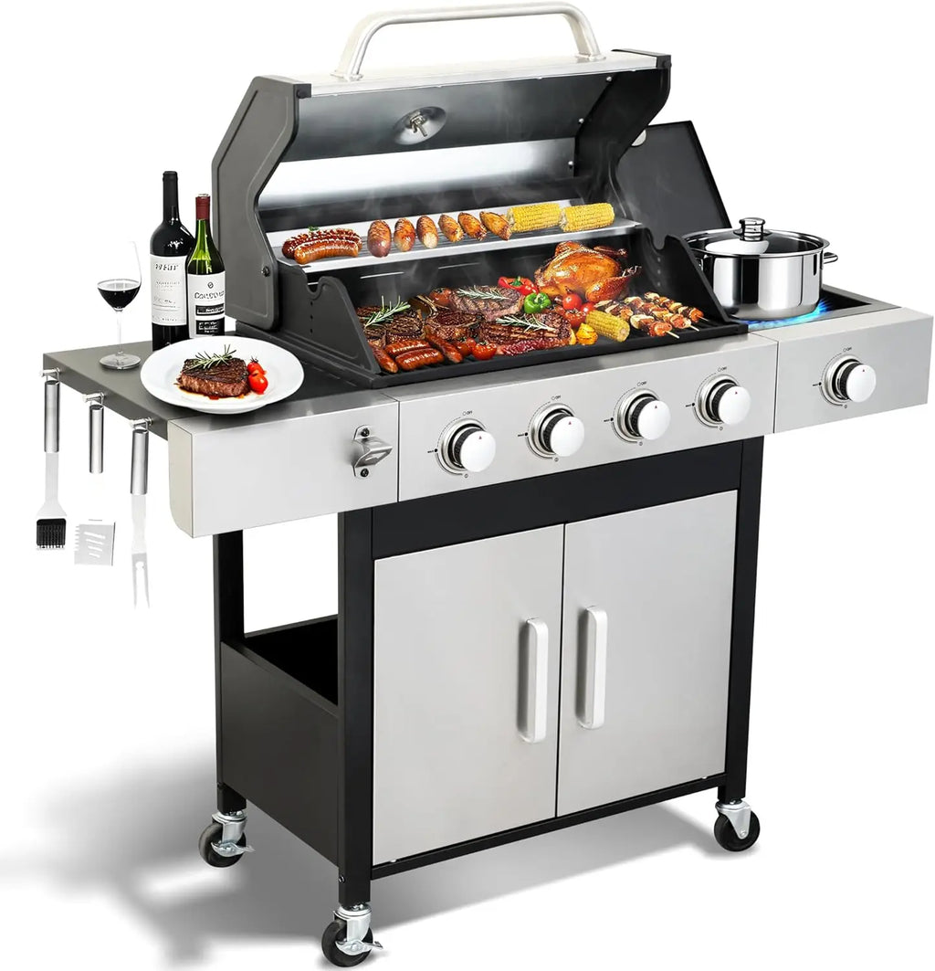 4 Burner Propane Gas BBQ Grill with Side Burner - 46890 BTU Output Stainless Steel Grill with Enameled Cast Iron Cooking Grid Si
