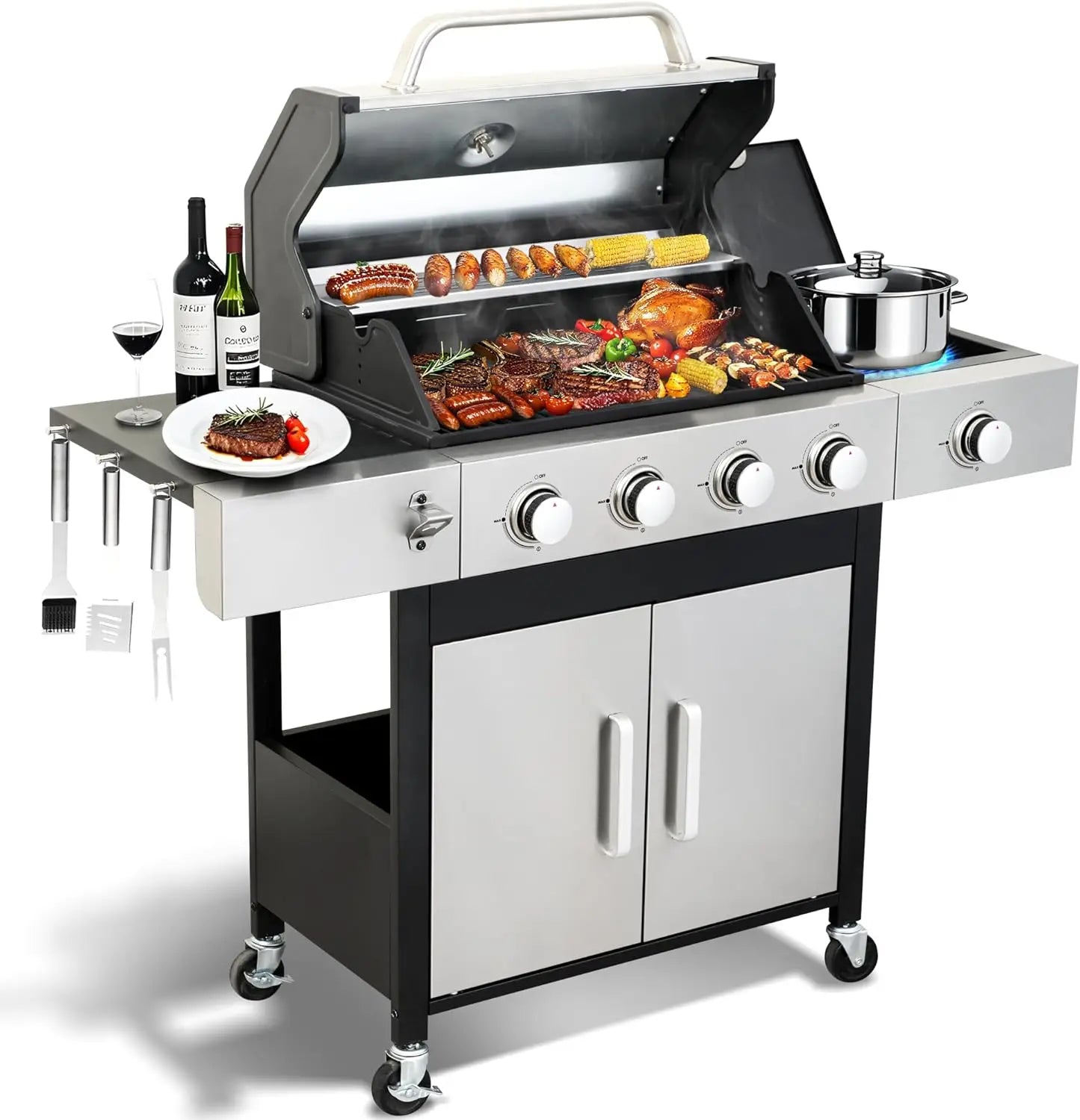 4 Burner Propane Gas BBQ Grill with Side Burner - 46890 BTU Output Stainless Steel Grill with Enameled Cast Iron Cooking Grid Si