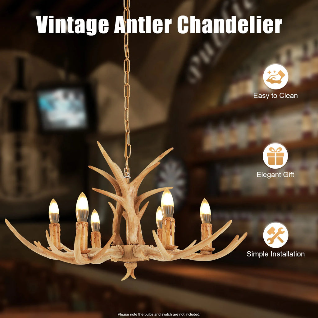 Resin Antler Chandelier with 6 Lights, 75cm Diameter for Rustic and Lodge Style Interior Lighting