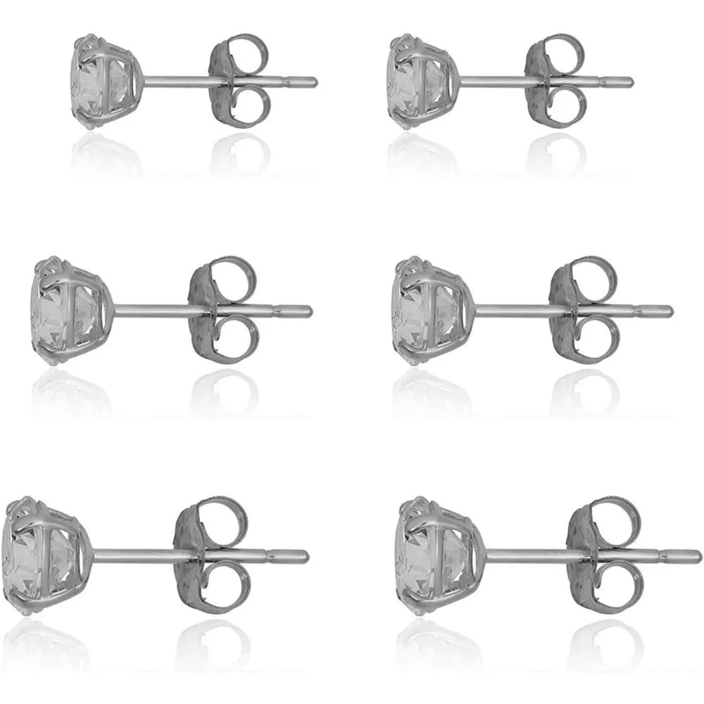10K Gold Simulated Diamond CZ Round Stud Earrings Set - 3 Pairs, Yellow or White Gold, Long-lasting Elegance